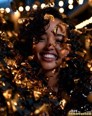 Woman with a smile surrounded by falling gold confetti