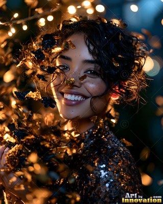 Gold flakes on her nose, a smiling woman stands in front of warm fairy lights