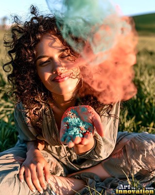 A grinning woman tosses a cloud of blue and orange powder in the warm sunlight