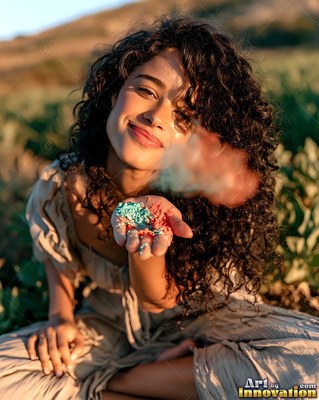 Sitting in a sunny field, a grinning woman blows pastel powder from her hand