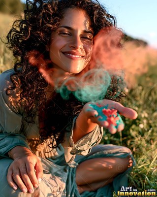 Grinning woman blowing pink and green powder from her hand in a grassy field