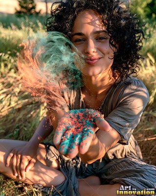 In a grassy field, a smiling woman blows pastel green and orange powder from her hand