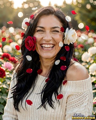 Laughing outdoors, a woman smiles wide as red and white rose petals fall around her hair