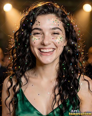 Smiling woman with dark curly hair and colorful glitter dots on her face