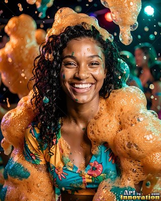 In a colorful floral top at a night festival, a grinning woman is covered in orange foam