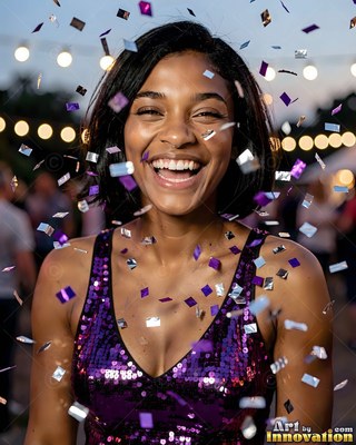 A cheerful woman laughs as shiny purple confetti falls around her outdoors under warm party lights