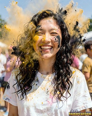 Facing forward outdoors, a laughing woman is covered in yellow and black powder
