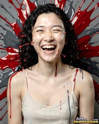 A laughing woman splashed with red and gray paint splatters behind her