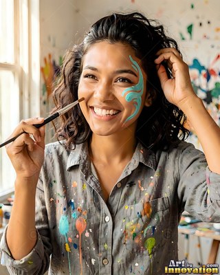In a sunlit studio, a smiling woman holds a brush to her painted face