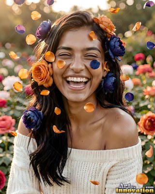 Laughing with eyes closed, a woman has orange and purple petals falling around her face