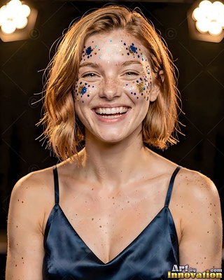 Woman with a smile with blue glitter on her face wearing a dark slip top