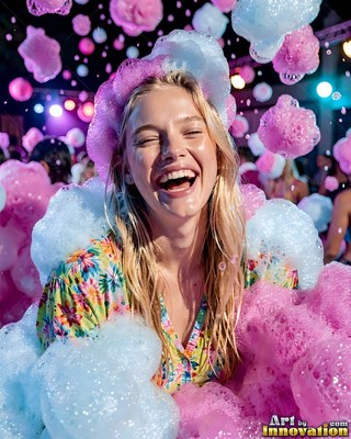 A woman in a floral shirt laughs as pastel foam falls all around her at a party