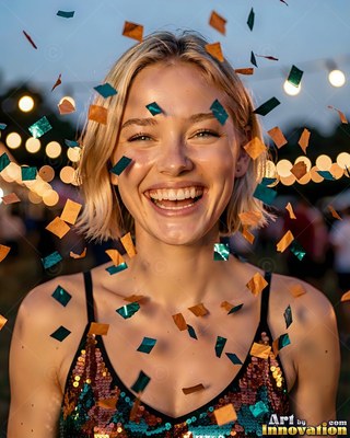 A blond woman laughs under falling green confetti in warm festival lights