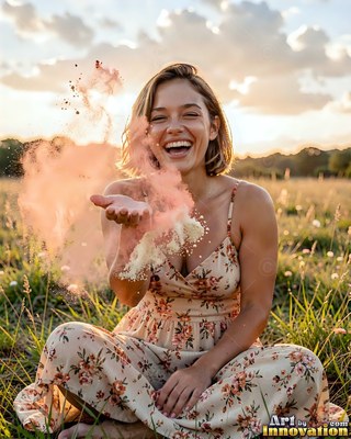 Sitting cross-legged in a grassy field, a woman laughs and blows pink powder