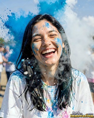 A laughing young woman covered in blue powder outside on a sunny day