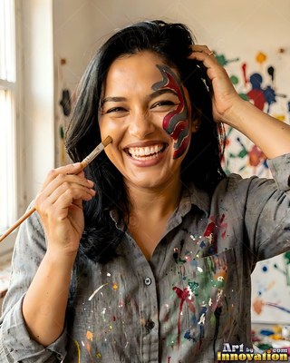 Smiling wide, a woman in a paint-splattered gray shirt holds a brush to her painted face