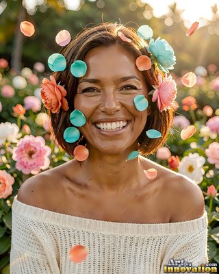 Smiling woman outside with colorful petals falling around her
