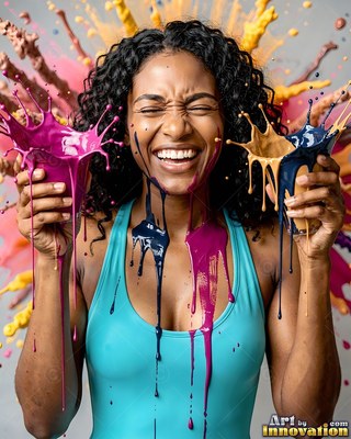 Wearing a turquoise swimsuit, a laughing woman holds paint cones in a bright studio