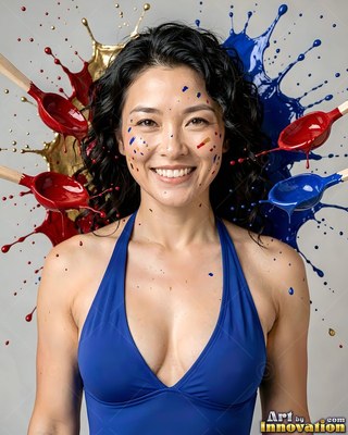 Cheerful woman in a blue swimsuit splashed with red and bright blue paint