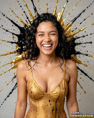 Cheerful woman in a gold swimsuit with black and gold paint splash behind her