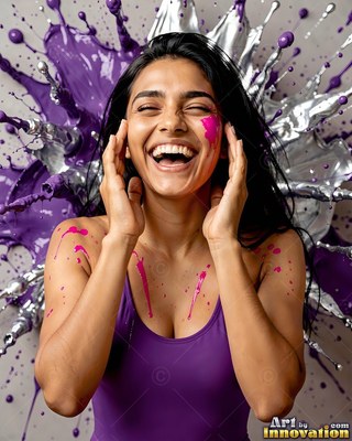 A woman laughs in a purple swimsuit as bright silver and purple paint splashes behind her