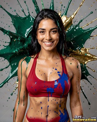 Cheerful woman in a red bikini with green and gold paint splashing behind her