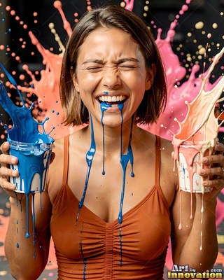 A laughing woman holds paint cups as blue and pink paint splash around her under bright light