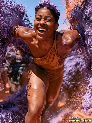 A smiling woman in a gold swimsuit runs through purple splashes of paint