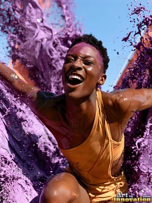 In a gold swimsuit under blue sky, a laughing woman is splashed with purple paint