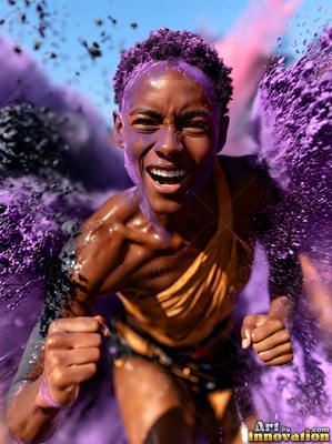 A cheering woman pumps her fists as clouds of purple powder explode around her in bright sun