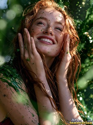 Looking upward outdoors, a smiling redhead woman holds green paint on her cheeks