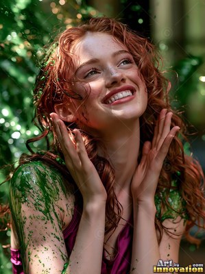 A smiling redheaded woman with green paint on her shoulders looks up in the sunlight