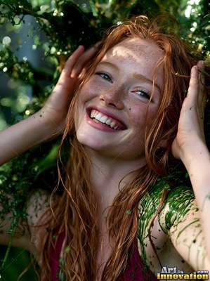 Outdoors, a smiling redhead woman holds her hair covered in wet green paint