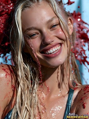 Smiling blonde woman splashed with red paint and water