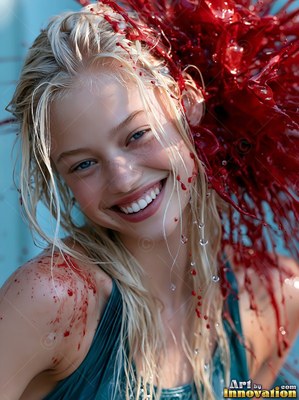 Wet blonde hair clings to a cheerful woman in a dark teal top as red paint splashes past her head