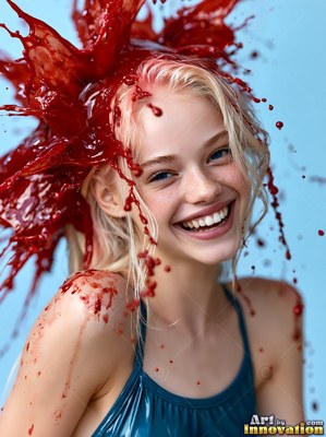 A smiling blonde woman is covered in paint by red paint against a soft blue backdrop