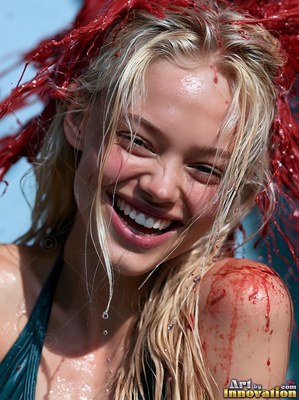 Facing the camera outdoors, a smiling woman gets splashed with red paint