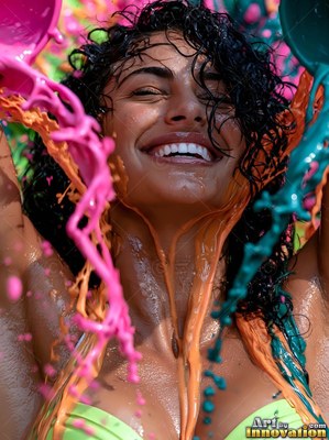 A laughing woman gets splashed across her face with bright pink and blue paint