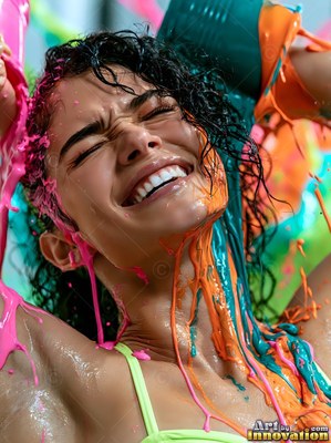 Grinning woman with pink and orange paint splashing on her face
