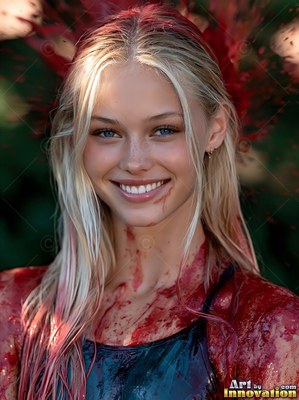 Red paint smeared across her blonde hair outdoors, a woman smiles in a black swimsuit