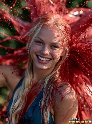 A blonde woman smiles outdoors as dark red flying paint across her hair in bright daylight