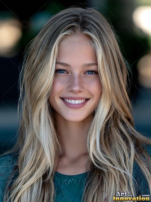 Facing forward outdoors, a smiling blonde woman in a green shirt
