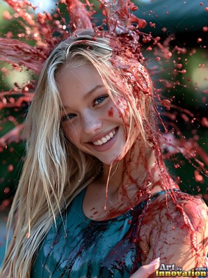 A smiling blonde woman in a teal swimsuit gets splashed with red paint
