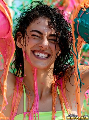 In bright sunlight, a woman smiling gets splashed with pink and orange paint