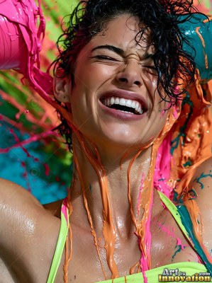 Laughing with her eyes shut, a woman is splashed with bright pink and orange paint