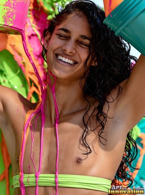Woman smiling as pink bursts of paint down her neck