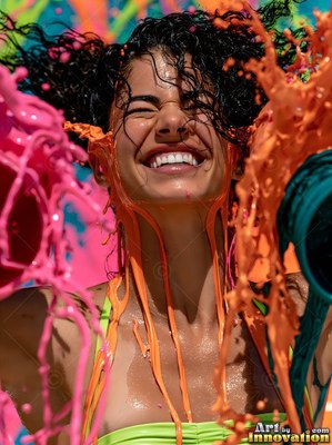 In a lime green bikini top outdoors, a laughing woman is hit with paint by bright pink and orange paint