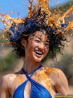 Facing forward outdoors, a laughing woman is hit with paint with orange paint