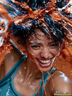 Laughing as orange and white paint splashes over her, a woman smiles widely