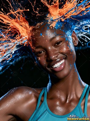 Happy woman hit by splashing orange and bright blue paint